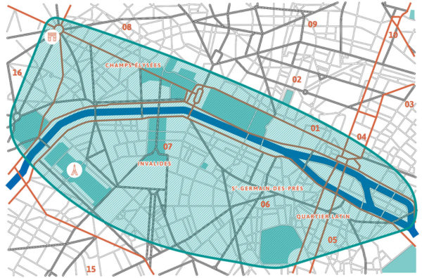 Schéma du périmètre de la zone piétonne à Paris